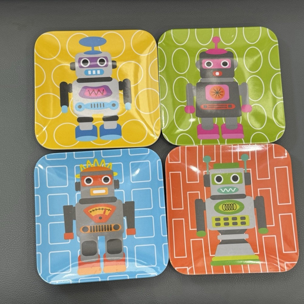 French Bull Robot Melamine Plates Set of 4 Kids Snack 7" Plates Retro Color